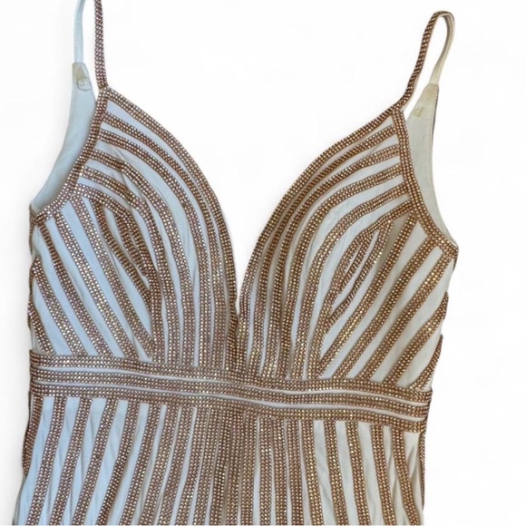 Jovani White Maxi with Gold Beaded Linear Accents - Picture 2 of 6